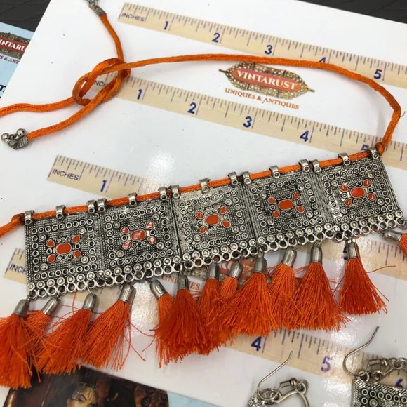 Silver Kuchi Afghan Jewelry Set With Dangling Tassels, Tribal Set - Picture 2 of 4